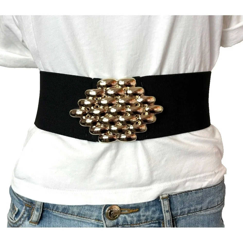 Vintage 80s Black Wide Elastic Waist Belt L Retro Glam Gold Basketweave Buckle